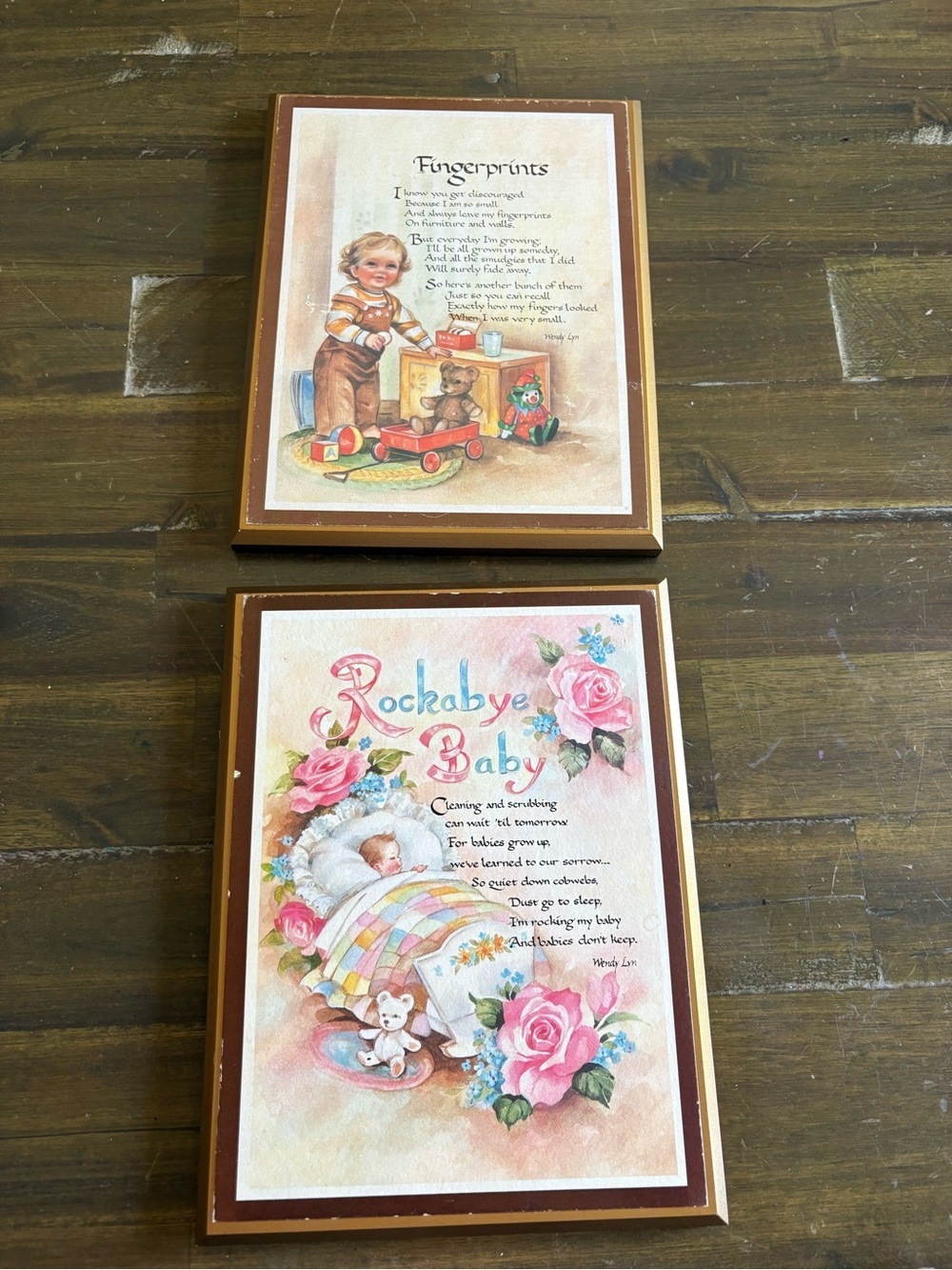 Vintage Nursery Hanging Wall Plaque Wood Baby “Rockabye" "Fingerprints”Retro